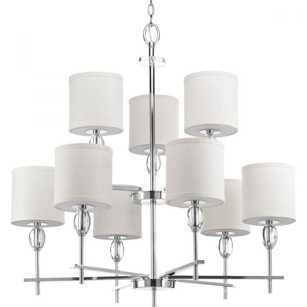 Status Collection Nine-Light Polished Chrome Off-White Textured Linen Shade Coastal Chandelier Light