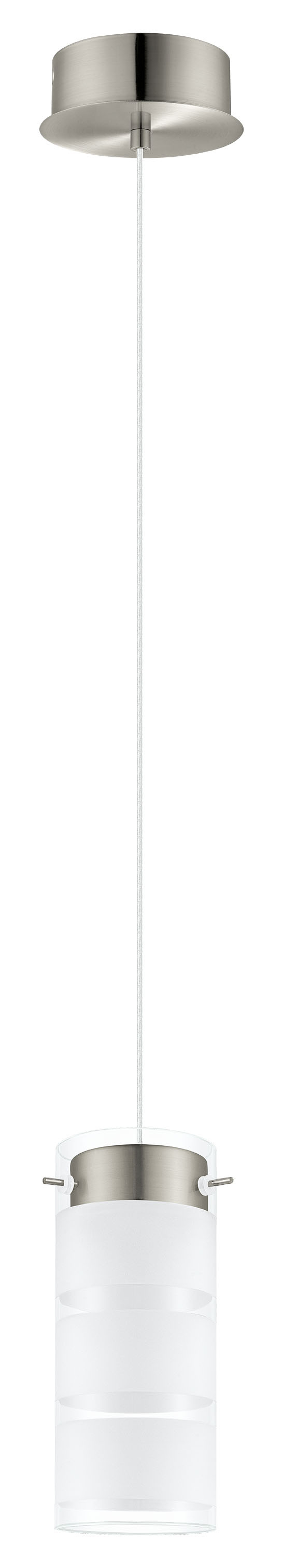 1 LT Integrated LED Mini Pendant w/ Satin Nickel Finish & White w/ Clear Stripes Glass Shade