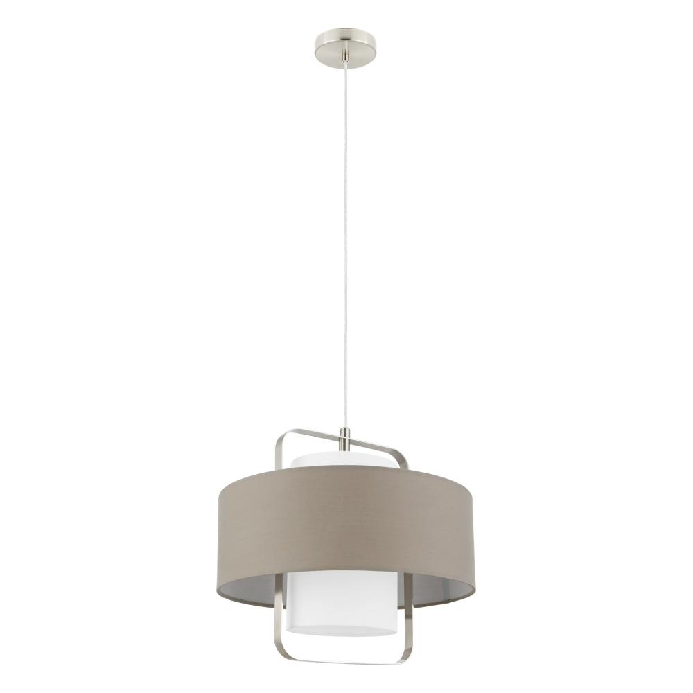 1 LT Pendant w/ Matte Nickel Finish & Taupe w/ White Interior Shade Surrounding a White Fabric Shade
