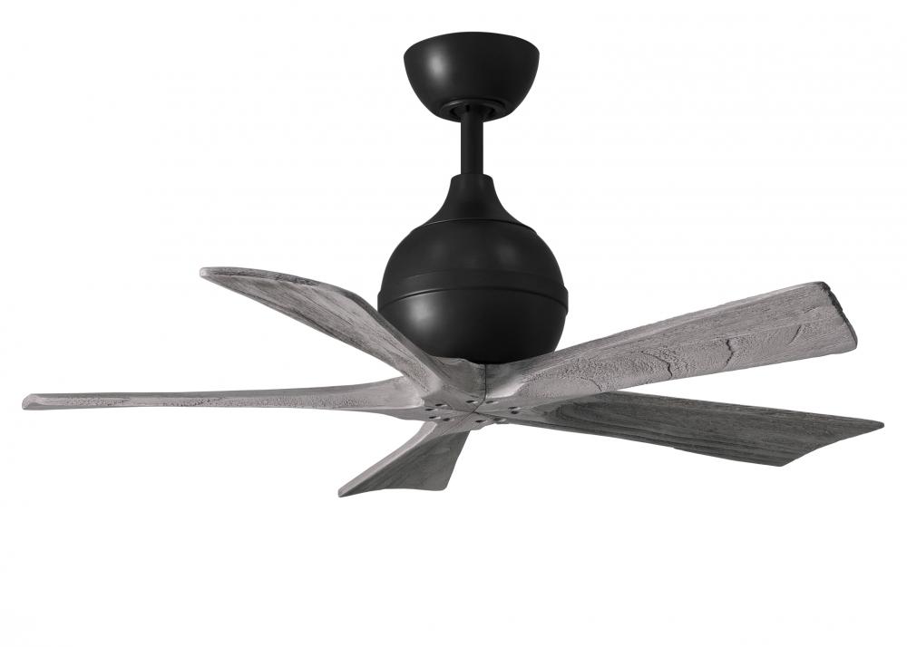 Irene-5 five-blade paddle fan in Matte Black finish with 42" solid barn wood tone blades.